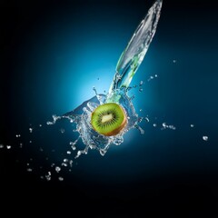 Poster - A kiwi fruit slice falls into a splash of water, creating a frozen moment of movement.