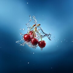 Poster - Red cherries with green stems are falling into water, creating a splash.