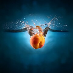 Poster - A peach falls into blue water, creating a splash of water droplets.