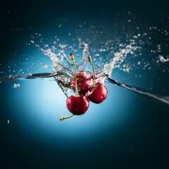Poster - Red cherries fall into a blue liquid creating a splash.