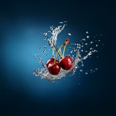 Poster - Three cherries fall into a pool of water, creating a splash of droplets against a dark blue backdrop.