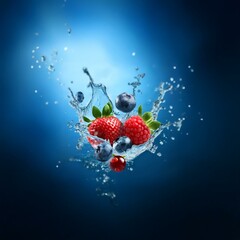 Aufkleber - A splash of water surrounds red and blue berries with green leaves.