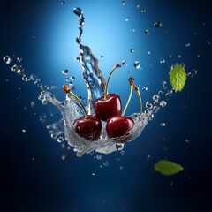 Poster - Three red cherries falling into a blue liquid, with a splash of water and a green leaf.
