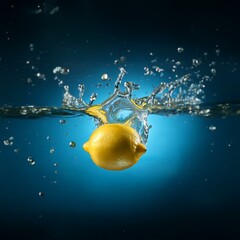 Aufkleber - A yellow lemon is submerged in a blue liquid.  The lemon has created a large splash of water and air bubbles.