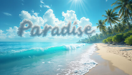 Wall Mural - a beautiful ocean coast with beach, palms, waves and sun, against a blue sky background with text inscription Paradise, summer resort seascape