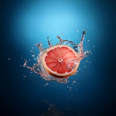 Poster - A slice of grapefruit splashes into a still blue pool of water, creating a crown of spray.