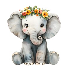 Poster - Cheerful elephant with a small flower crown