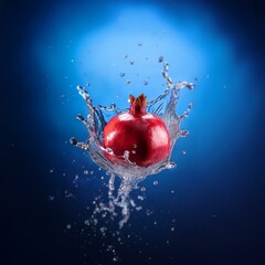 Poster - A red pomegranate falls into a pool of water, creating a dramatic splash.