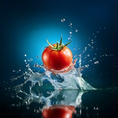 Poster - A red tomato falls into a pool of water, creating a large splash and droplets.