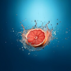 Poster - A grapefruit half falls into a pool of water, creating a large splash with droplets flying outward.