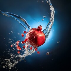 Poster - A red pomegranate falls into a splash of water against a dark blue background.