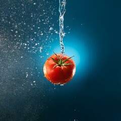Poster - A red tomato with a green stem is suspended in mid-air against a dark blue backdrop, with water cascading down over the tomato and splashing around it.