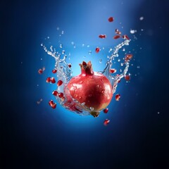 Poster - A red pomegranate falls into a pool of water and creates a splash with flying seeds.