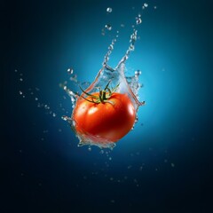 Poster - A red tomato with green stem falls into water, creating a splash with water droplets against a blue background.