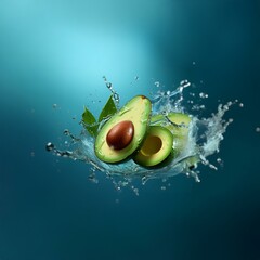 Poster - Two avocado halves with a seed, suspended in mid air, create a water splash against a blue background.