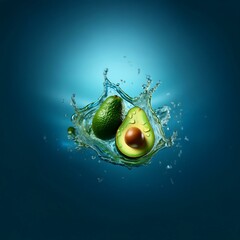 Poster - An avocado, whole and halved, splash into a body of water.