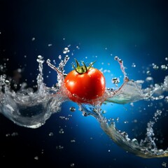 Poster - A red tomato falls into a pool of water, creating a large splash and numerous water droplets against a blue backdrop.