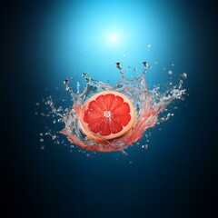Poster - A grapefruit half falls into a pool of water, creating a large splash with droplets and bubbles.