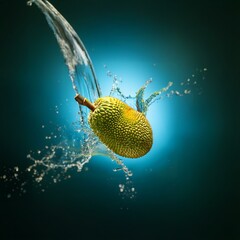 Poster - A green spiky fruit with a brown stem falls into a pool of water, creating a splash.