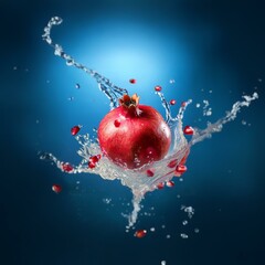 Poster - A red pomegranate falls into a pool of water, creating a splash with droplets and bubbles.