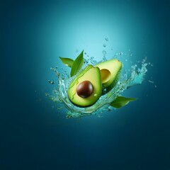 Poster - Two halved avocadoes with green leaves are in a splash of clear water against a blue background.