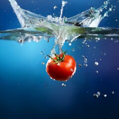 Poster - A ripe tomato is submerged in water creating a splash with bubbles forming around it.