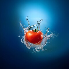 Poster - A red tomato with a green stem falls into water, creating a crown-shaped splash.