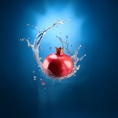 Poster - A red pomegranate is surrounded by a splash of water on a blue background.