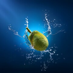 Poster - A green jackfruit with a brown stem is splashing into a blue liquid creating a large splash.