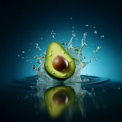 Poster - A halved avocado falls into water, creating a splash and ripples.