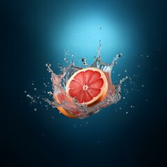 Poster - A grapefruit half falls into water creating a splash with water droplets scattered around.