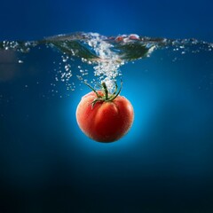 Poster - A red tomato falls into a blue liquid, creating bubbles as it sinks.