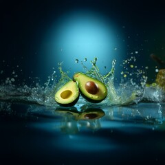 Aufkleber - Two avocado halves fall into a pool of water creating a splash.