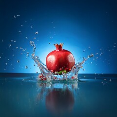 Poster - A red pomegranate falls into a blue liquid, creating a splash and a burst of red seeds.