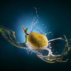 Poster - A jackfruit falls into clear water, creating a splash and a swirling pattern.