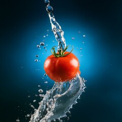 Poster - A red tomato with a green stem is suspended in a splash of water against a deep blue background.