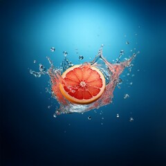 Poster - A citrus fruit slice with a red center falls into water, creating a splash with droplets flying in the air.