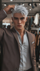 Wall Mural - social media influencer, white hair and grey eyes wearing stylish business attire. Background of fashion store. Posing for his profile picture, trying to look good.