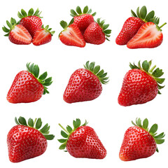 Poster - A collage of nine strawberries, some whole and some sliced, showcasing the fruit's vibrant red color and juicy texture.