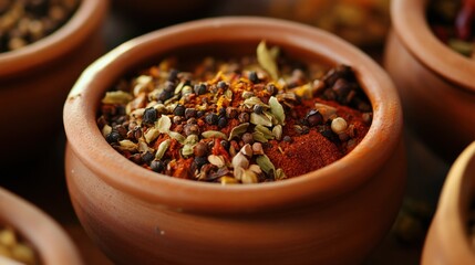 A close-up of a traditional clay bowl filled with spices, highlighting the rich colors and textures, perfect for a culinary inspiration theme.