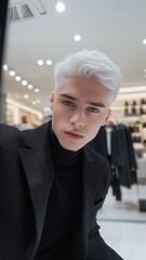 Wall Mural - social media influencer, white hair and grey eyes wearing stylish business attire. Background of fashion store. Posing for his profile picture, trying to look good.