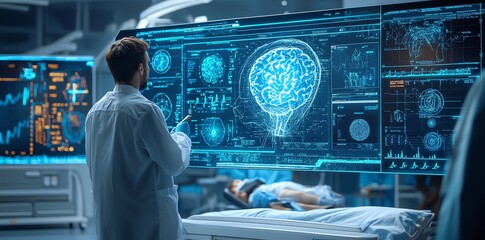 Poster - Doctor using a digital interface to analyze a patient's brain scan in a futuristic medical setting.