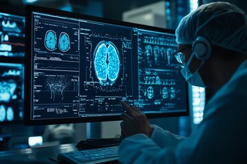 Poster - Doctor in a sterile lab coat looking at a brain scan on a computer monitor with  charts and medical data.