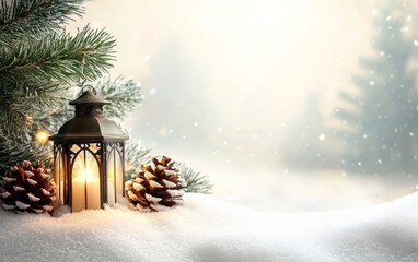 Wall Mural - a lantern glowing warmly in the snow beside pine cones and branches, set in a serene winter landscap