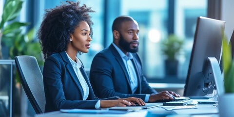 Two people in suits are working on a computer. One is a woman with curly hair and the other is a man with a beard. They are both focused on their work