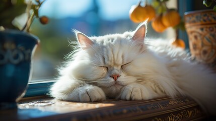 Wall Mural - Sleeping Fluffy Cat On Windowsill