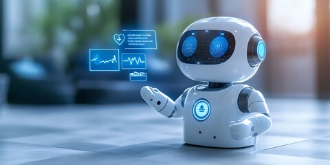 Poster - Friendly robot with glowing blue health data displays.