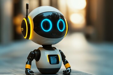 Friendly robot with yellow and blue lights looks curious.