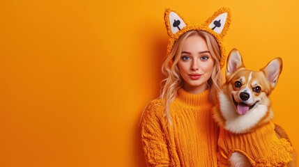 Young woman with blonde hair and corgi posing together in matching orange outfits against a bright yellow background