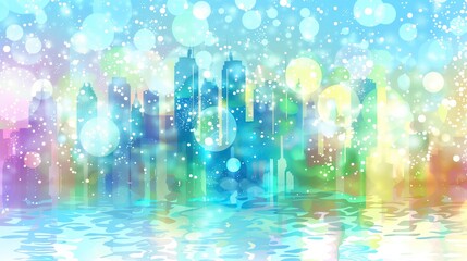 Poster - vibrant city skyline blends with colorful bokeh reflections in water